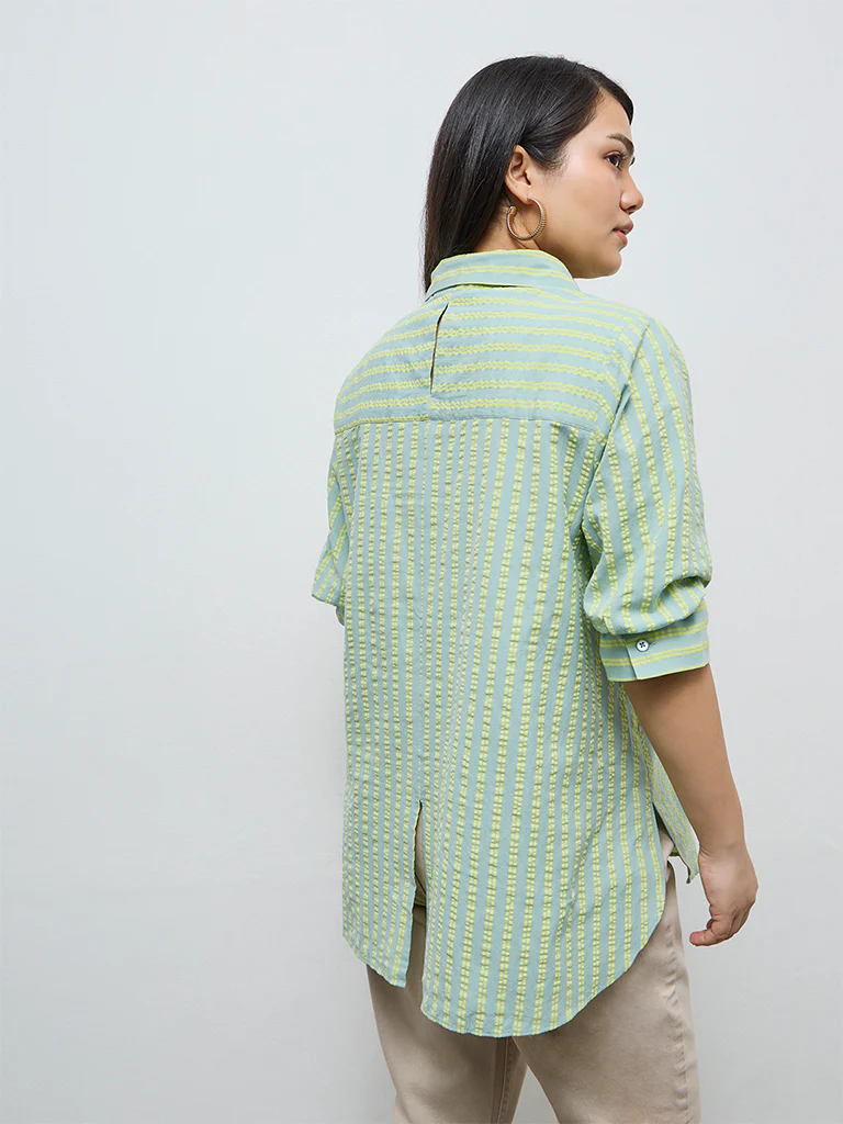 Gia Mint Seersucker Striped Cotton Shirt - Image 4