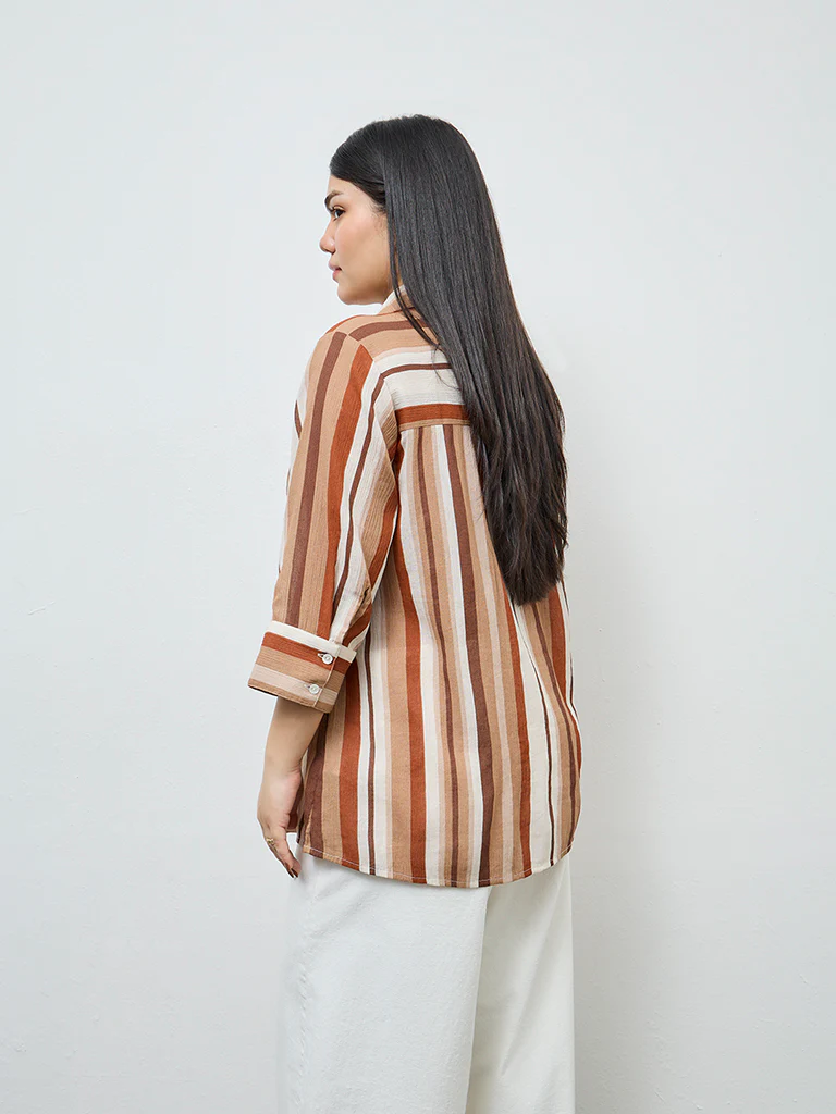 Gia Multicolour Striped Tie-Up Cotton Blouse - Image 4
