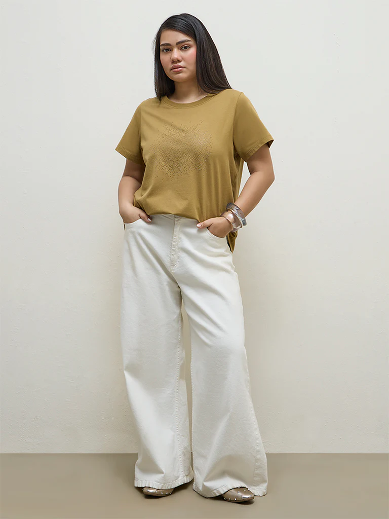 Gia Mustard Embellished Cotton T-Shirt