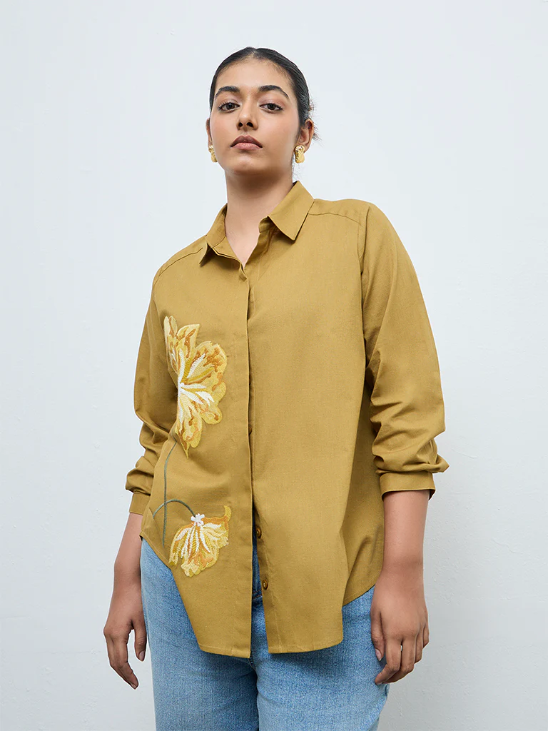 Gia Mustared Floral Embroidered Cotton-Blend Shirt