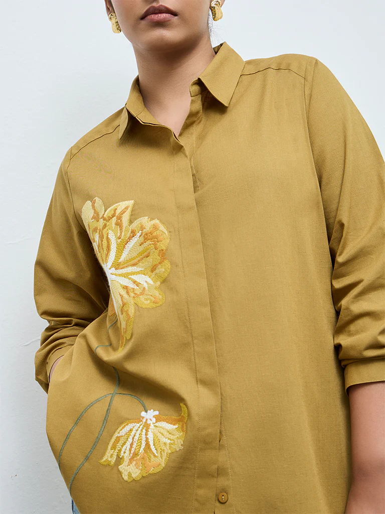 Gia Mustared Floral Embroidered Cotton-Blend Shirt - Image 3