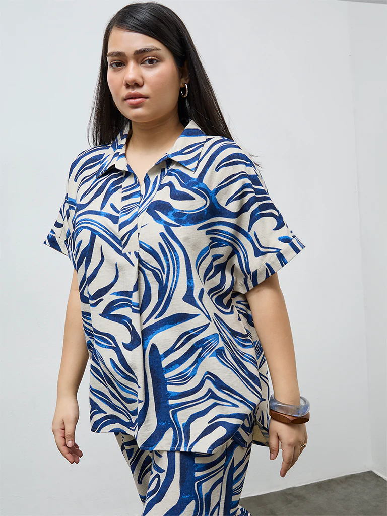 Gia Navy Abstract Design Linen-Blend Blouse