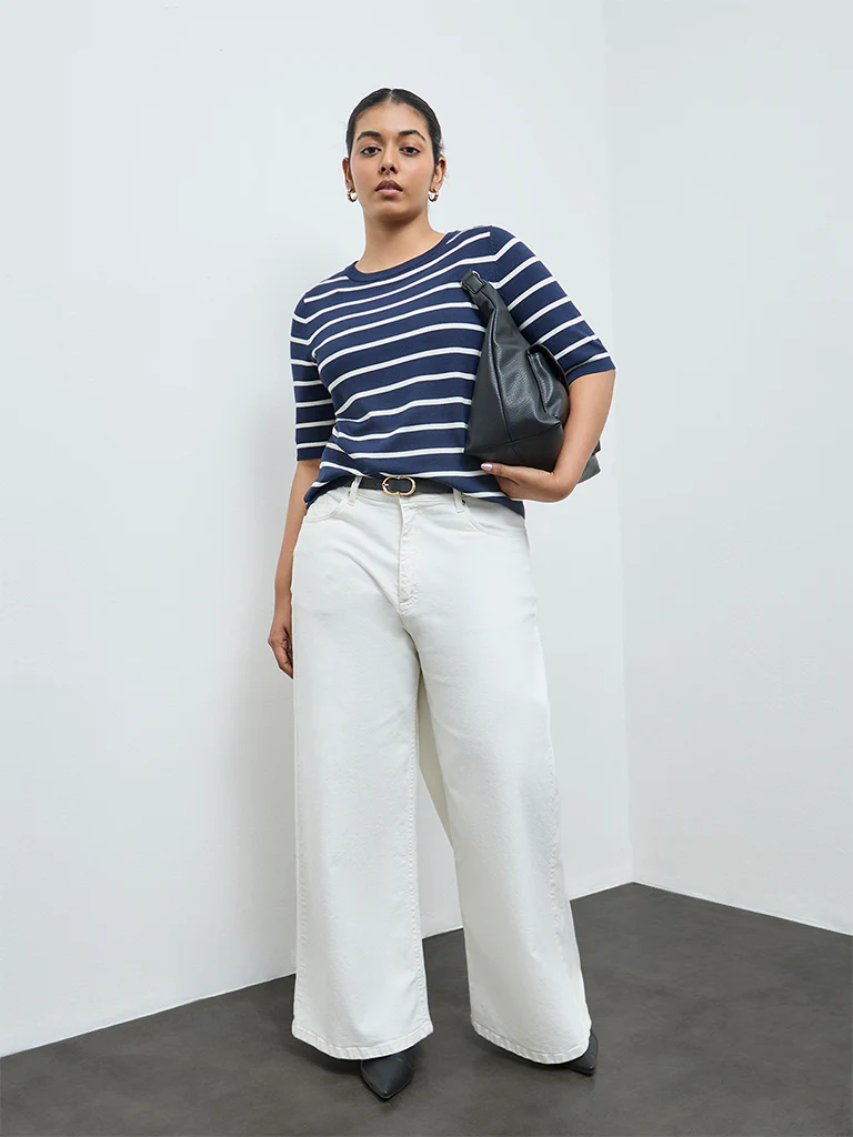 Gia Navy and Cream Striped Knit-Textured Sweater