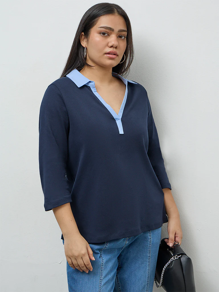 Gia Navy Contrast-Detail Cotton T-Shirt