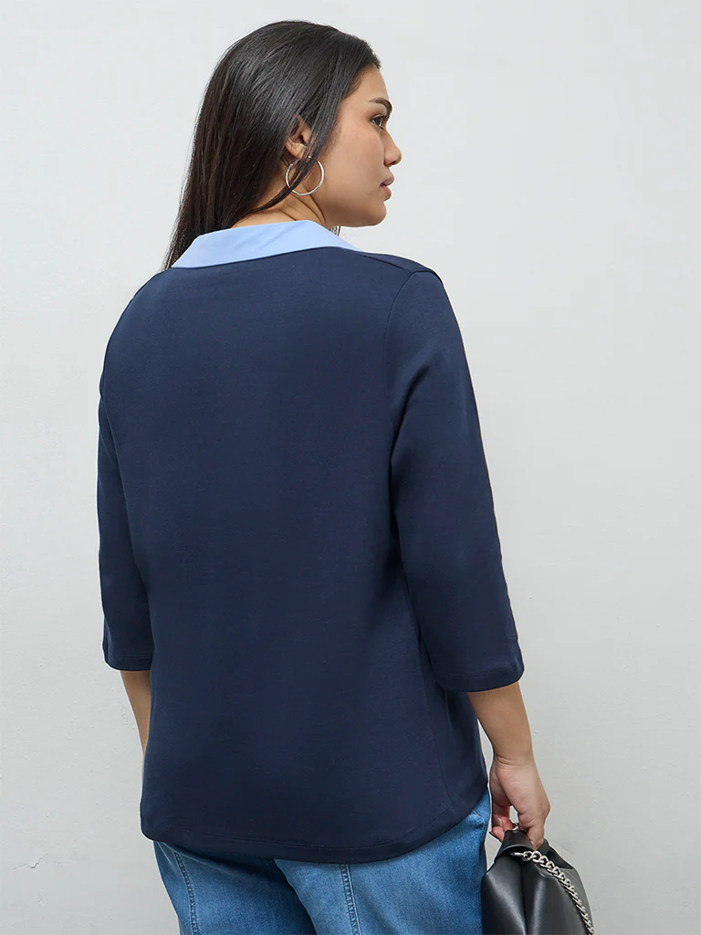 Gia Navy Contrast-Detail Cotton T-Shirt - Image 4