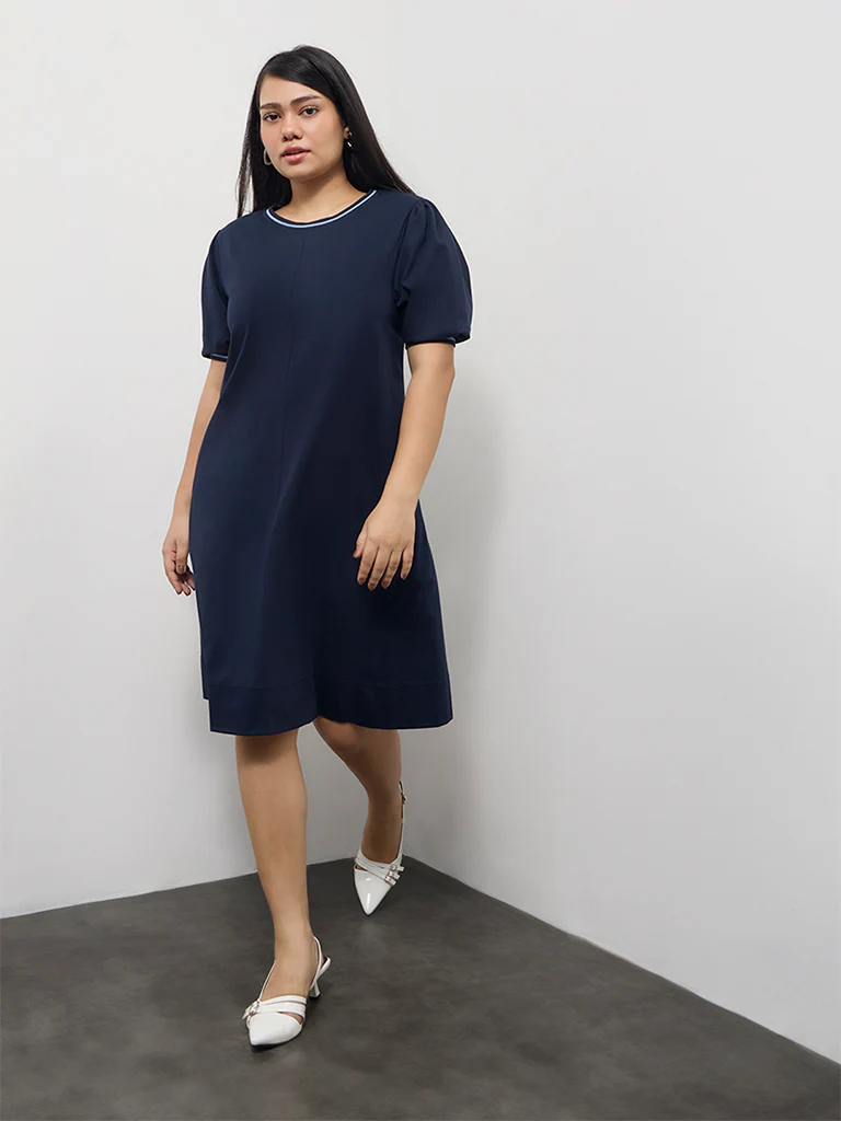 Gia Navy Cotton A-Line Dress - Image 2