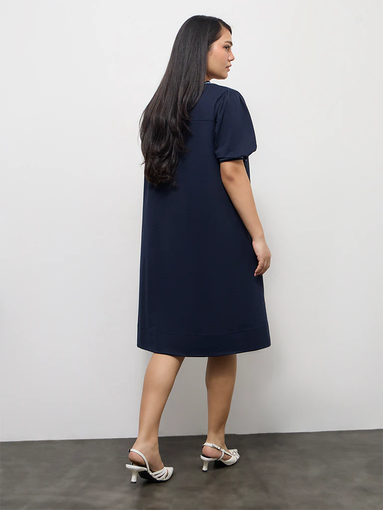 Gia Navy Cotton A-Line Dress - Image 4