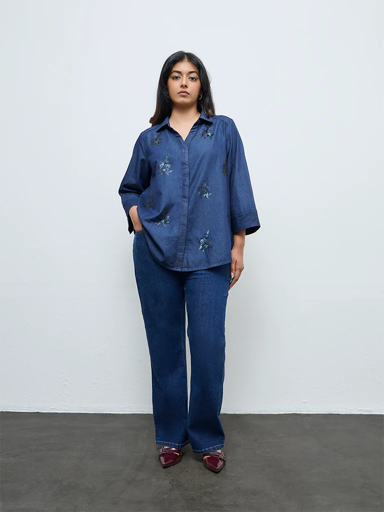 Gia Navy Floral Embellished Denim Shirt