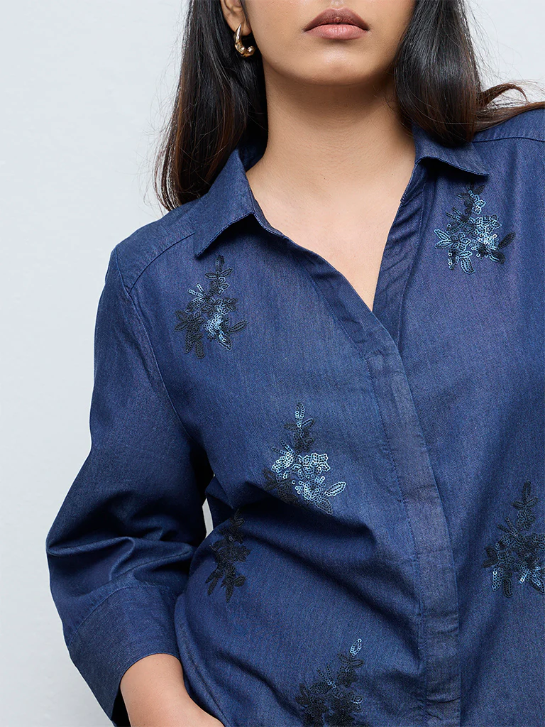 Gia Navy Floral Embellished Denim Shirt - Image 3