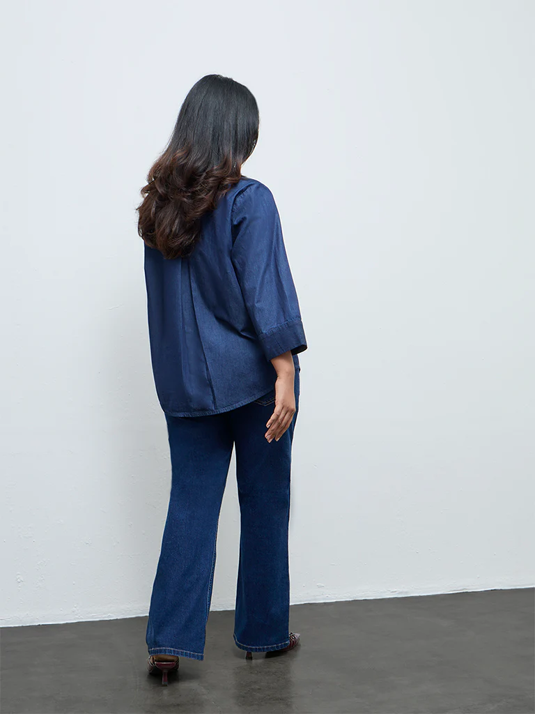 Gia Navy Floral Embellished Denim Shirt - Image 4