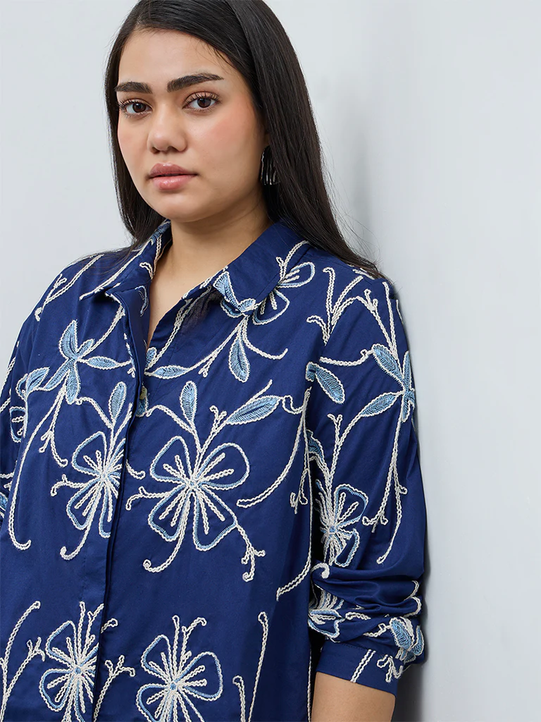Gia Navy Floral Embroidered Cotton Shirt - Image 3