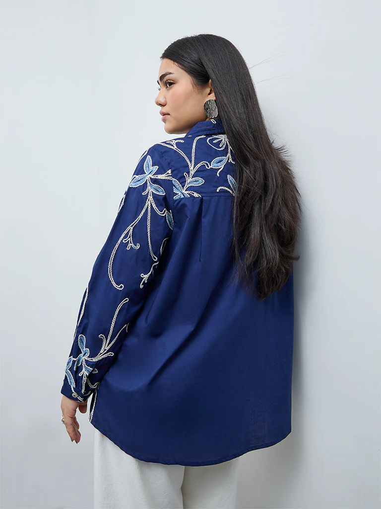 Gia Navy Floral Embroidered Cotton Shirt - Image 4