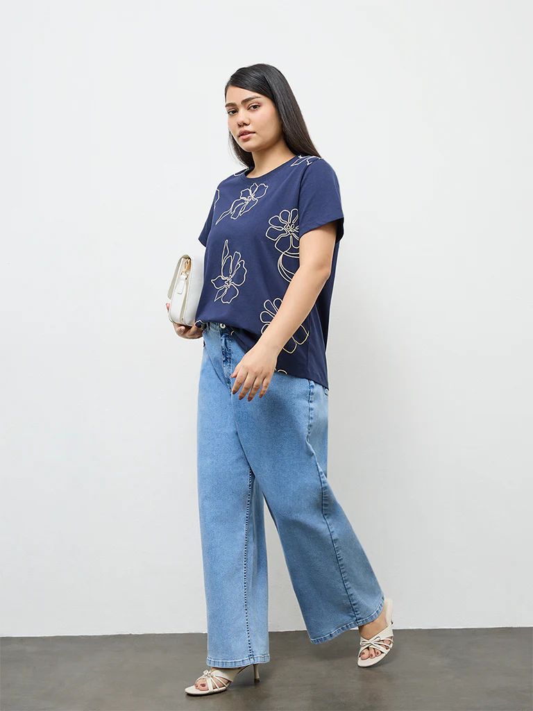 Gia Navy Floral Printed Cotton T-Shirt - Image 2