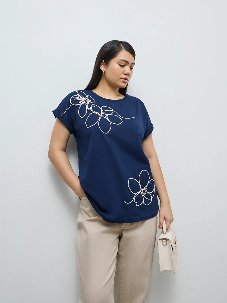 Gia Navy Foliage Embroidered Cotton T-Shirt