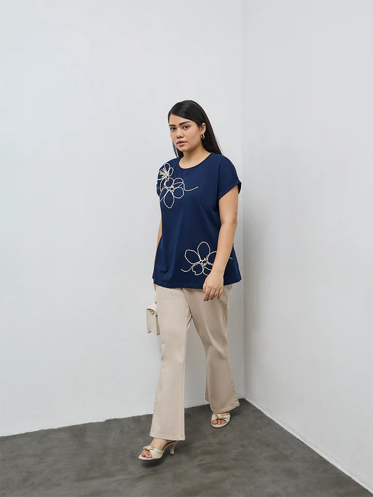 Gia Navy Foliage Embroidered Cotton T-Shirt - Image 2