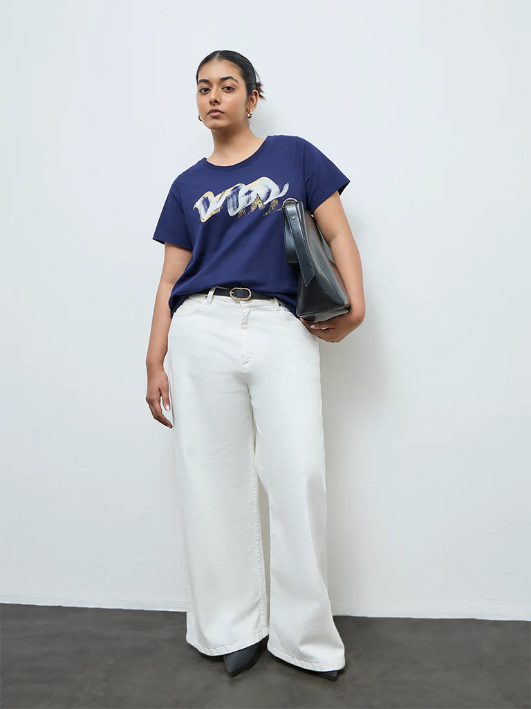 Gia Navy Printed Cotton T-Shirt