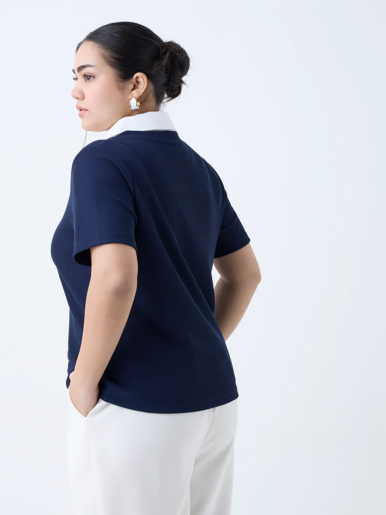 Gia Navy Ribbed-Textured T-Shirt - Image 4