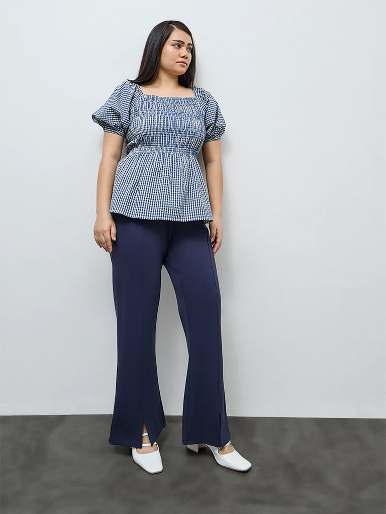 Gia Navy Solid High-Rise Bootcut Trousers
