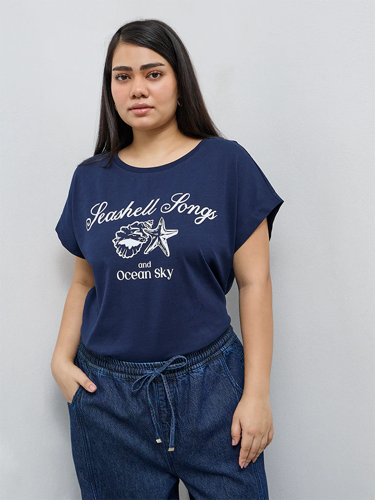 Gia Navy Text Printed Cotton T-Shirt