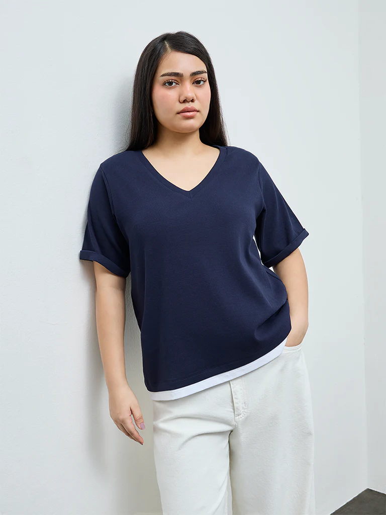 Gia Navy Textured Cotton-Blend T-Shirt