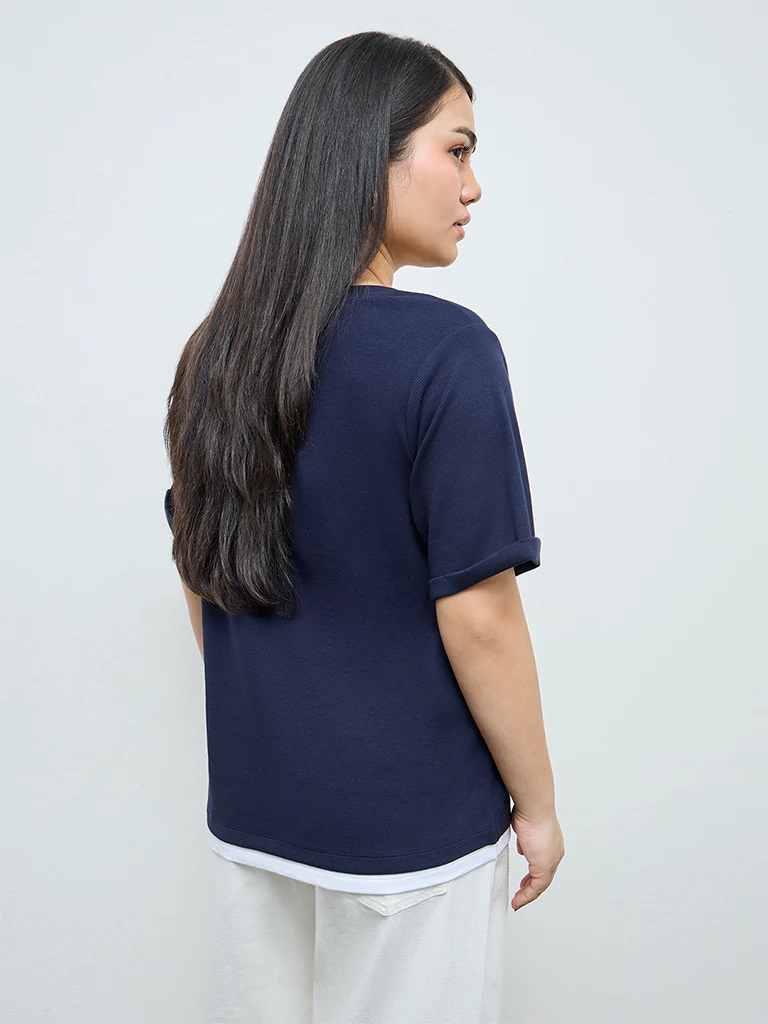 Gia Navy Textured Cotton-Blend T-Shirt - Image 4