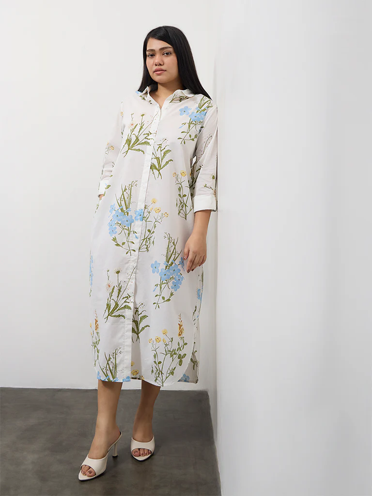 Gia Off-White Botanical Printed Cotton Shirt Dress