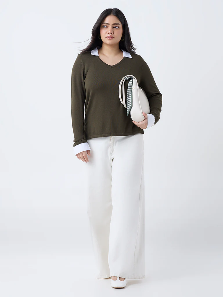 Gia Olive Collar-Detailed Top