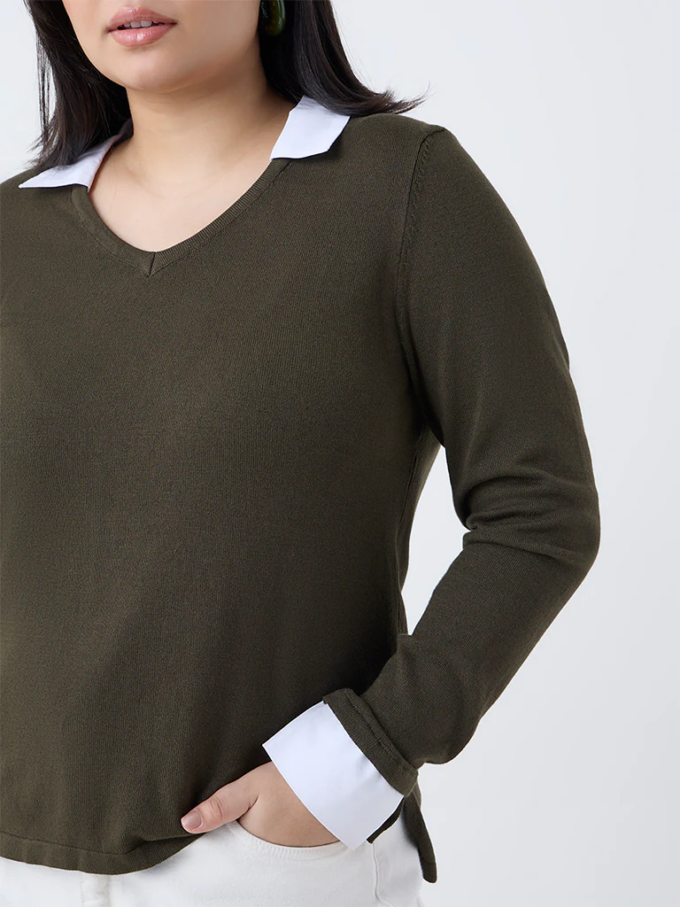 Gia Olive Collar-Detailed Top - Image 3