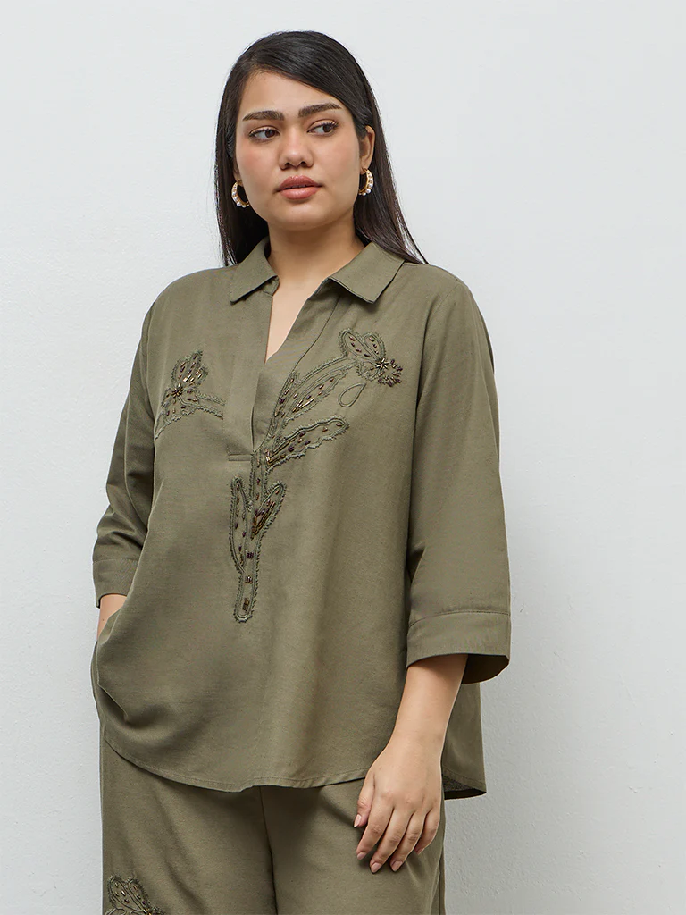 Gia Olive Floral Embellished Blouse