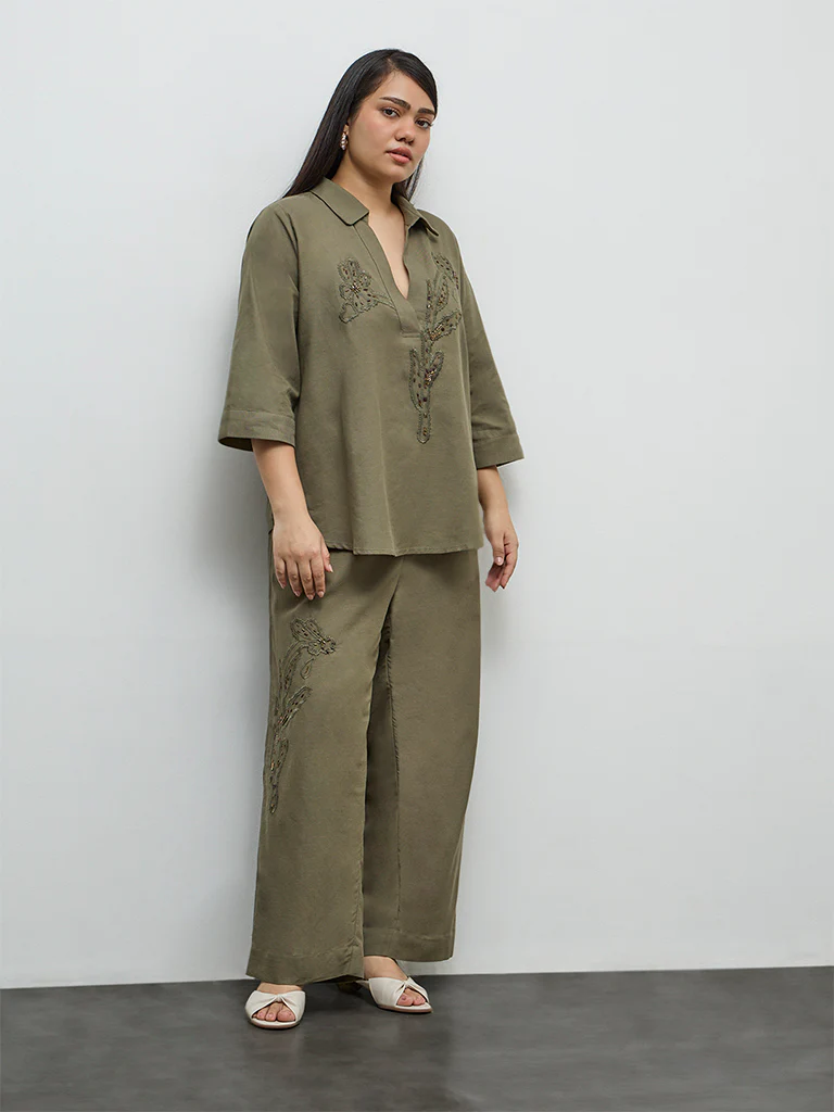Gia Olive Floral Embroidered High-Rise Trousers