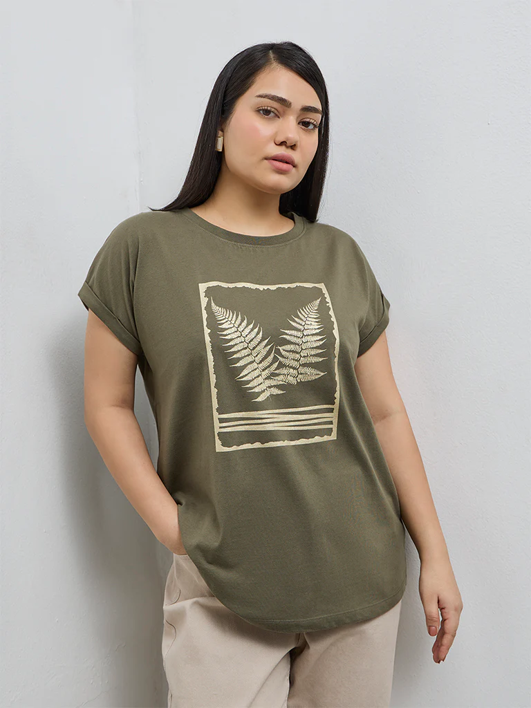 Gia Olive Leaf Pattern Cotton T-Shirt