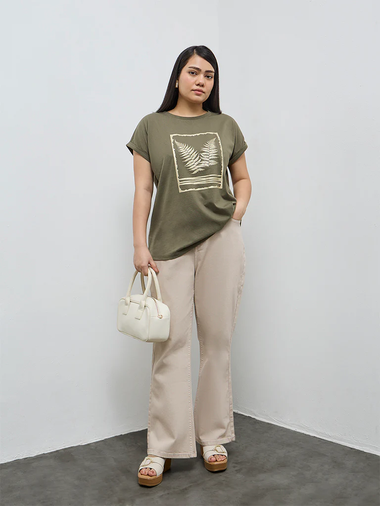 Gia Olive Leaf Pattern Cotton T-Shirt - Image 2