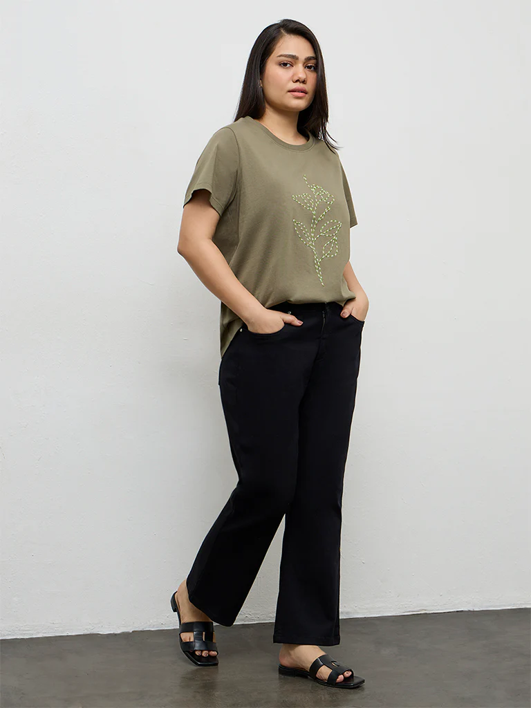 Gia Olive Sequin Embellished Cotton T-Shirt - Image 2