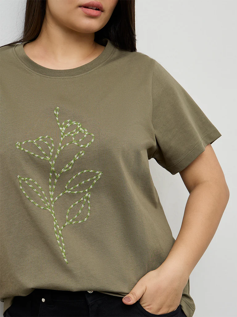 Gia Olive Sequin Embellished Cotton T-Shirt - Image 3