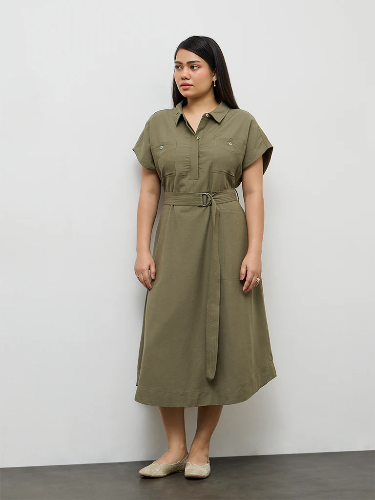 Gia Olive Solid A-Line Dress with Belt