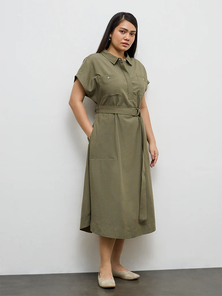 Gia Olive Solid A-Line Dress with Belt - Image 2