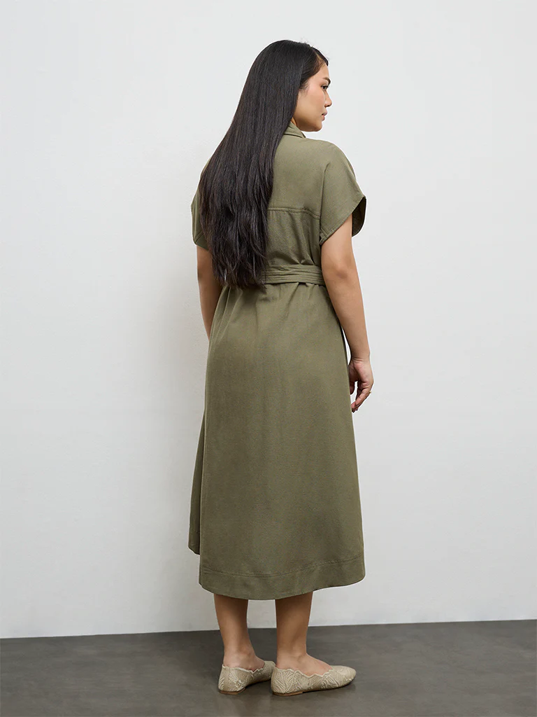 Gia Olive Solid A-Line Dress with Belt - Image 4
