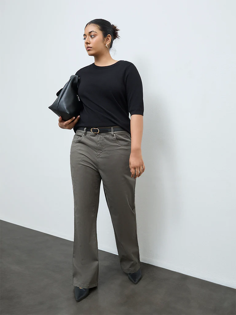 Gia Olive Solid High-Rise Cotton-Blend Trousers
