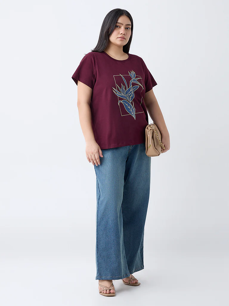 Gia Plum Leaf Pattern Cotton T-Shirt - Image 2
