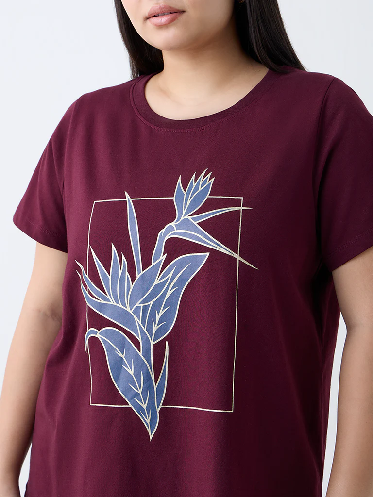 Gia Plum Leaf Pattern Cotton T-Shirt - Image 3