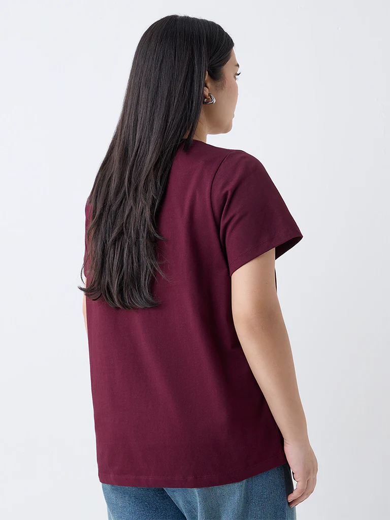 Gia Plum Leaf Pattern Cotton T-Shirt - Image 4