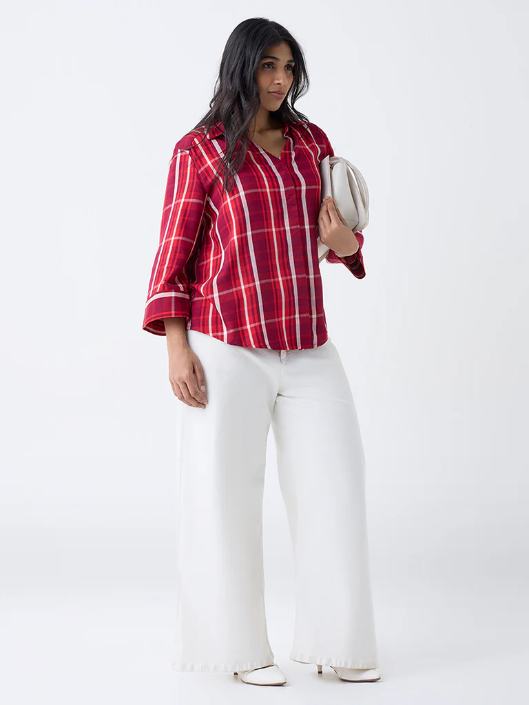 Gia Red Checks Printed Shirt - Image 2