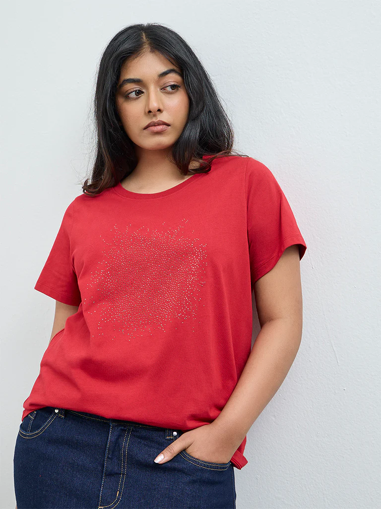 Gia Red Embellished Cotton T-Shirt