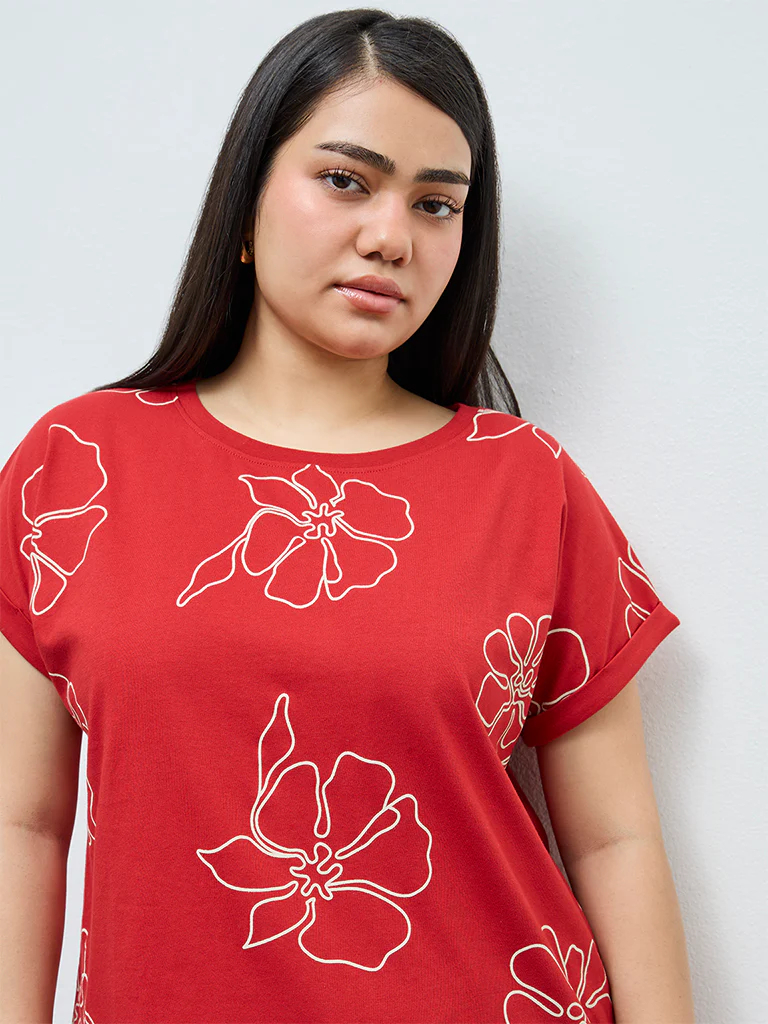 Gia Red Floral Cotton T-Shirt - Image 3