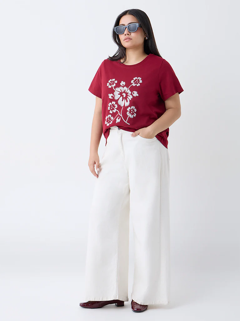 Gia Red Floral Design Cotton T-Shirt - Image 2