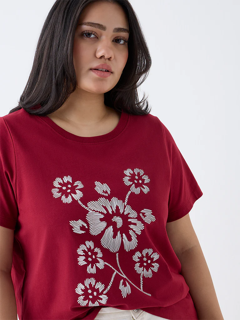Gia Red Floral Design Cotton T-Shirt - Image 3