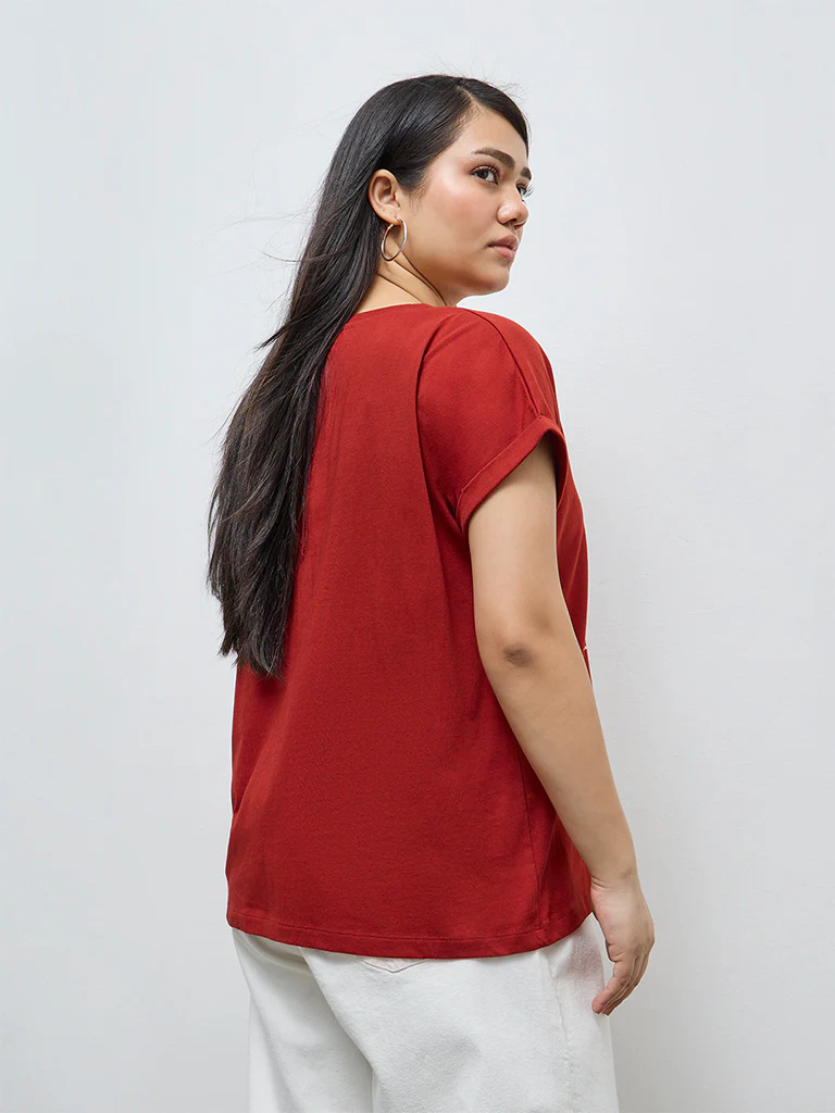 Gia Red Floral Design Cotton T-Shirt - Image 4