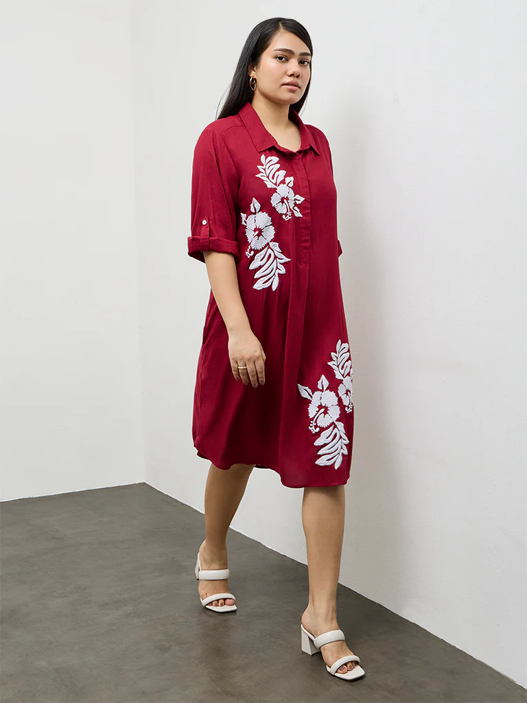 Gia Red Floral Embroidered A-Line Dress - Image 2