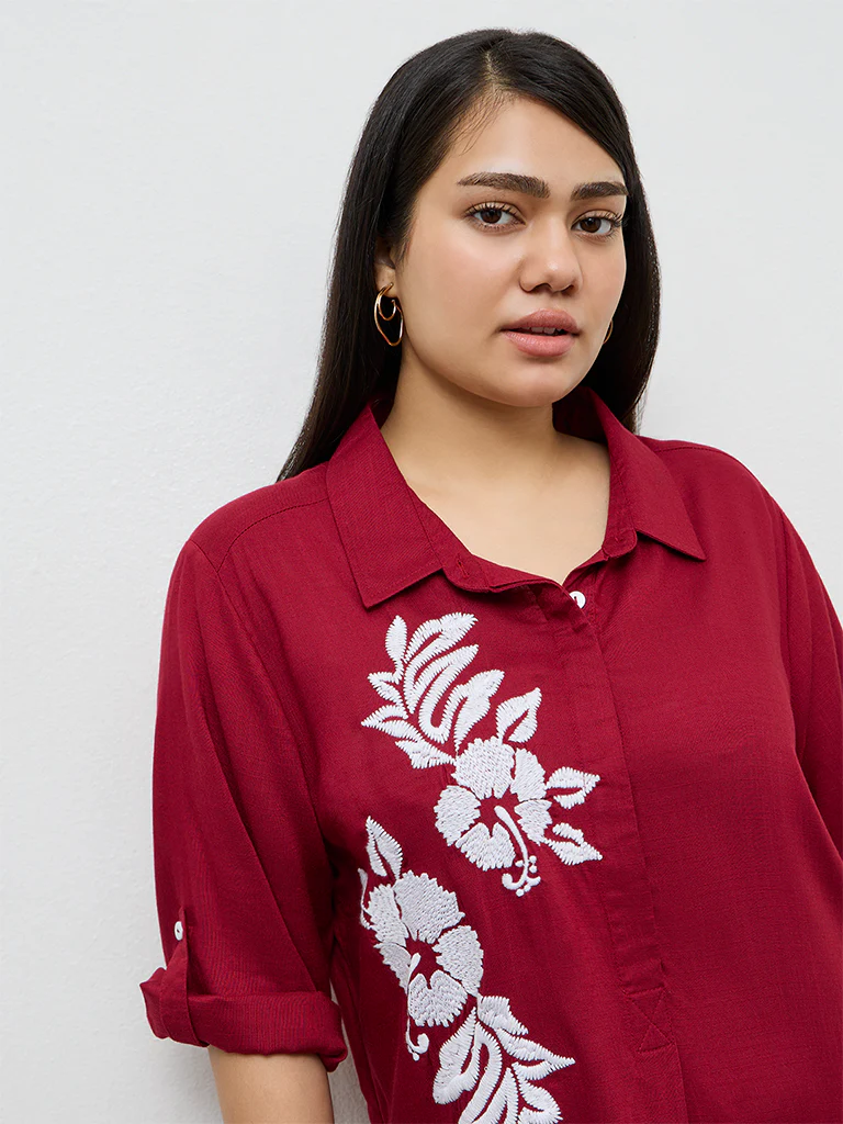Gia Red Floral Embroidered A-Line Dress - Image 3