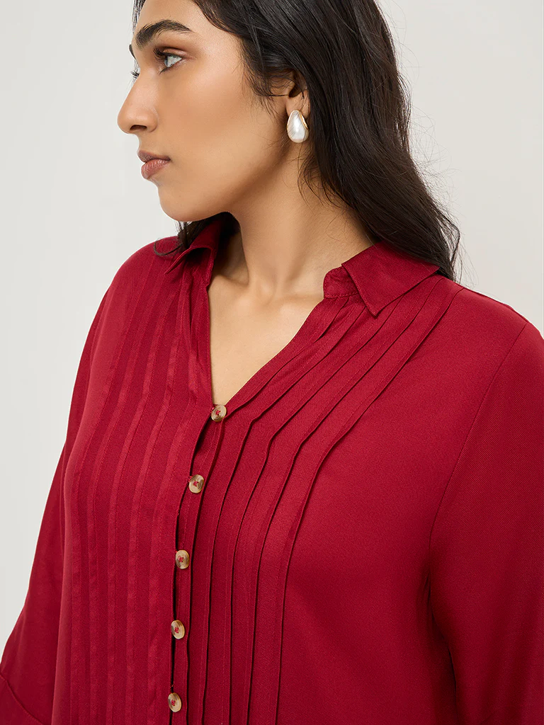 Gia Red Pintuck-Detailed Shirt Dress - Image 2
